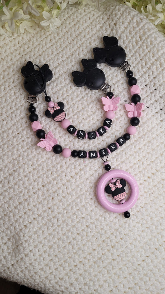 Kinderwagenkette & Schnullerkette mit Namen Minnie Rose Black