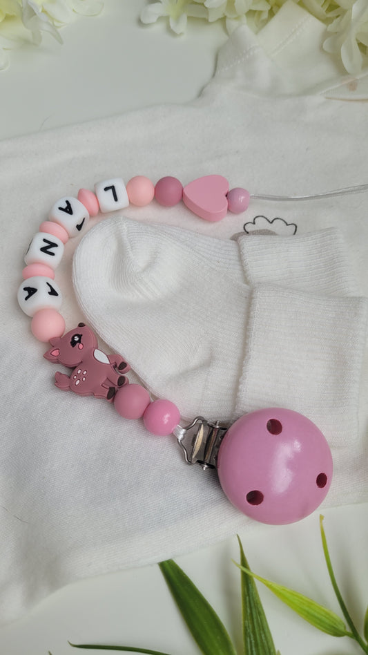 Schnullerkette mit Namen für Mädchen Reh babyrosa apricot