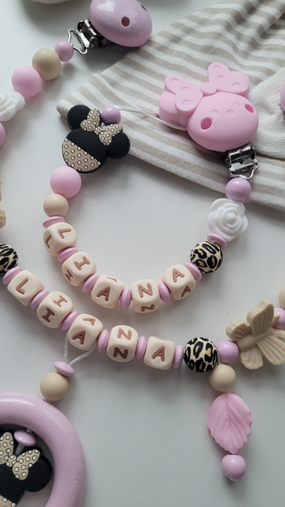 Kinderwagenkette & Schnullerkette mit Namen Minnie Maus Rosen leo