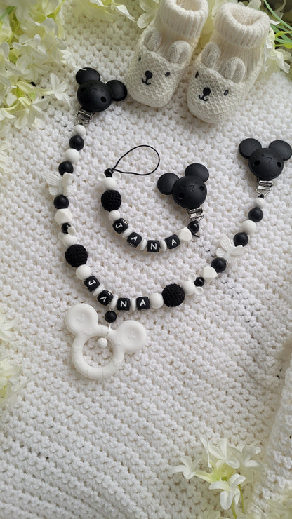 Kinderwagenkette & Schnullerkette mit Namen für Mädchen Schmetterling Maus weiß schwarz