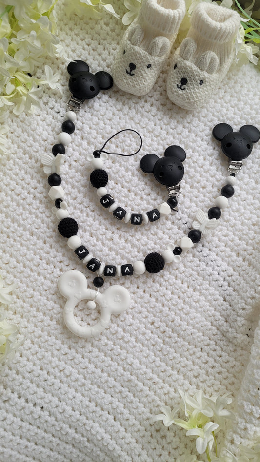 Kinderwagenkette & Schnullerkette mit Namen für Mädchen Schmetterling Maus weiß schwarz