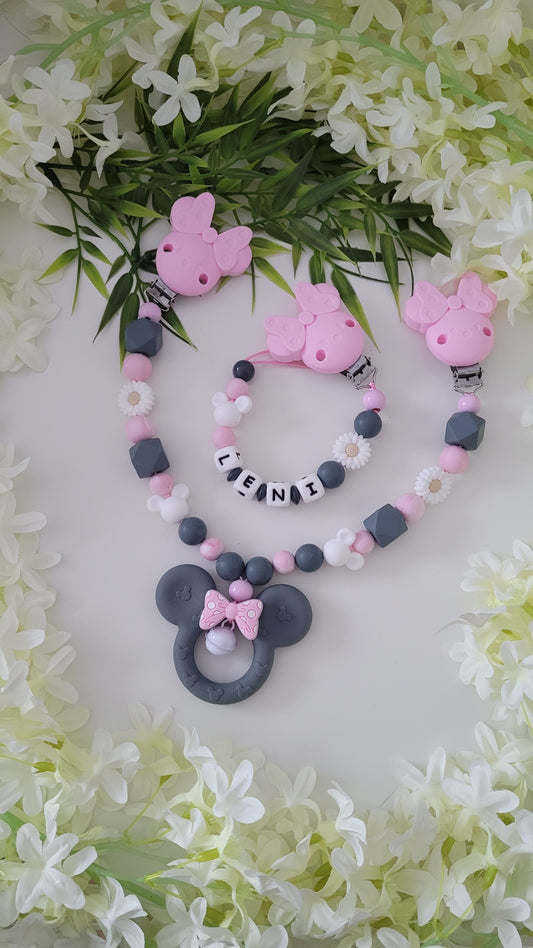 Kinderwagenkette & Schnullerkette *Minnie* grau rosa
