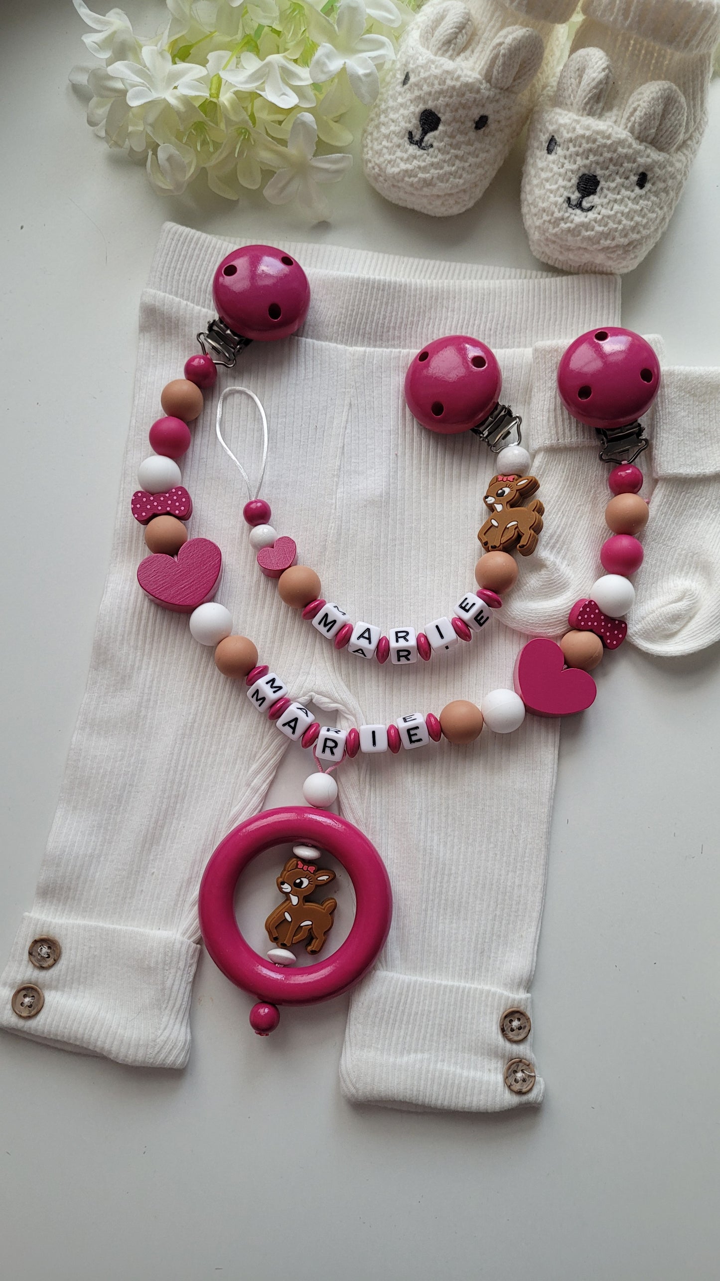 Kinderwagenkette & Schnullerkette mit Namen Rehe pink weiss braun
