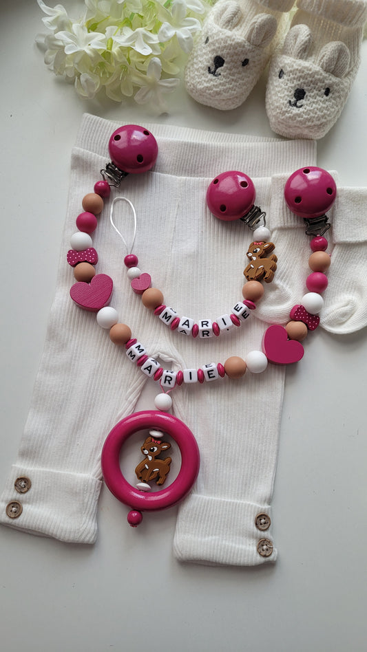 Kinderwagenkette & Schnullerkette mit Namen Rehe pink weiss braun