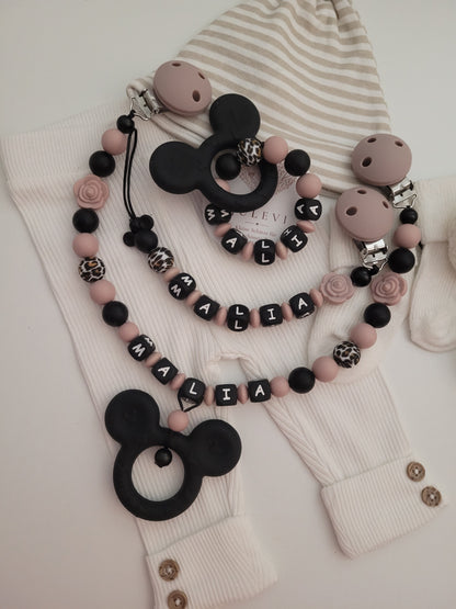 3er Set Schnullerkette, Kinderwagenkette & Greifring mit Namen Maus Rosen graurosé schwarz leo