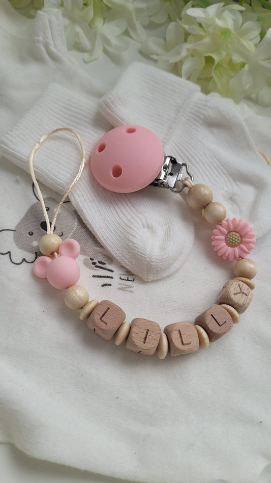 Schnullerkette mit Namen für Mädchen Maus apricot