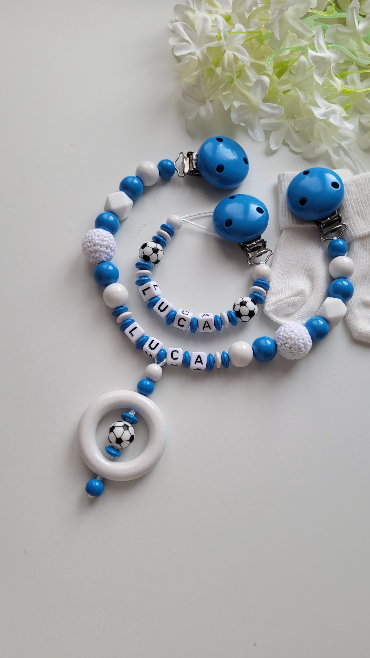Kinderwagenkette & Schnullerkette  Fussball blau weiss