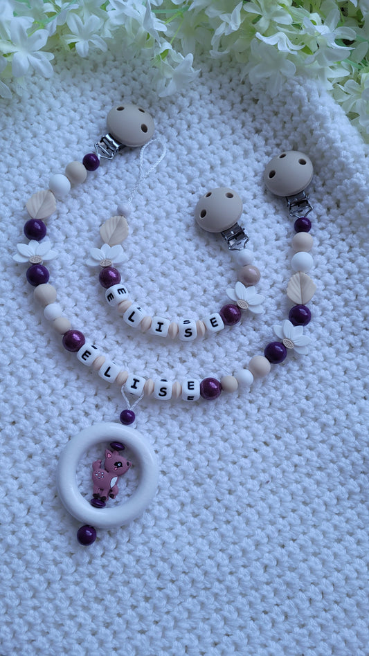 Kinderwagenkette & Schnullerkette Set Baby Rehkitz glänzend pflaume weiss