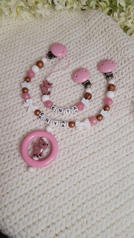 Kinderwagenkette & Schnullerkette mit Namen Mädchen Rehe Rosa Perlmutt Kupfer