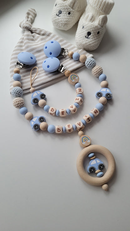 Schnullerkette Kinderwagenkette & Greifring mit Namen Auto Regenbogen babyblau holz