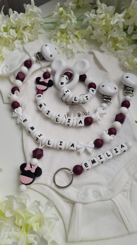 4 tlg Set Mädchentraum! Minnie Maus bordaux Schnullerkette Kinderwagenkette Greifring & Schlüsselanhänger personalisiert