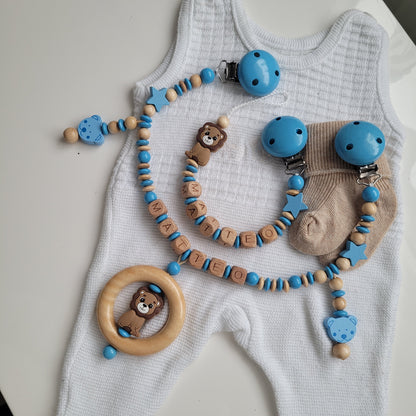 Kinderwagenkette & Schnullerkette Set Baby Löwe Teddy  blau