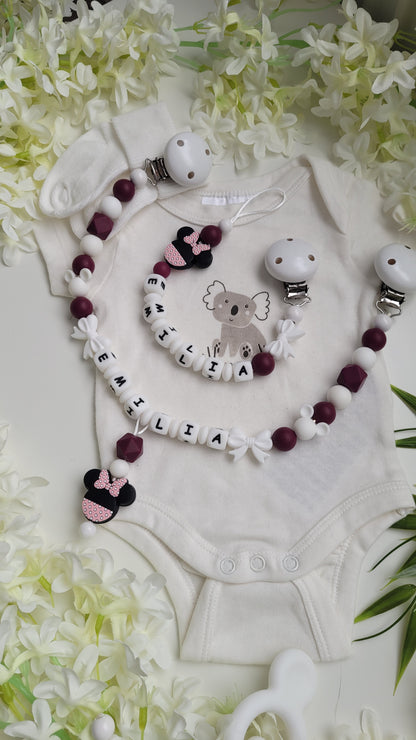 Kinderwagenkette & Schnullerkette Set bordaux Maus