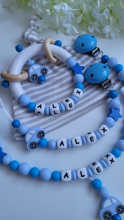 3tlg.Set Schnullerkette Kinderwagenkette & Greifring mit Namen Auto blau