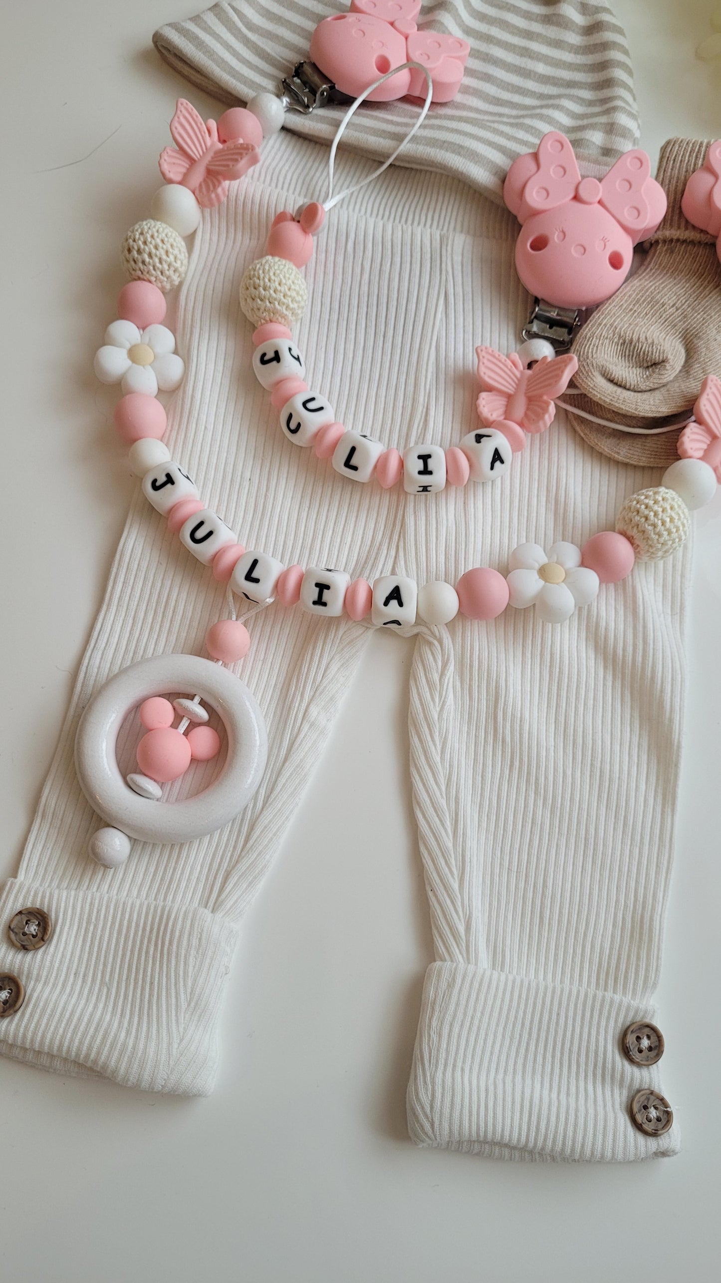 Kinderwagenkette & Schnullerkette mit Namen Schmetterling Maus & Blume rosa