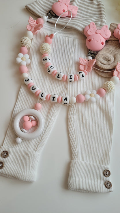 Kinderwagenkette & Schnullerkette mit Namen Schmetterling Maus & Blume rosa