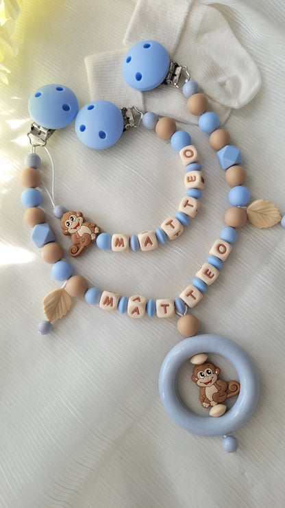 Kinderwagenkette & Schnullerkette mit Namen Äffchen blau beige silikon