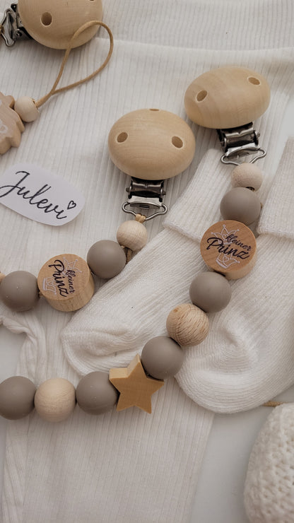 Kinderwagenkette & Schnullerkette mit Namen Löwe holz