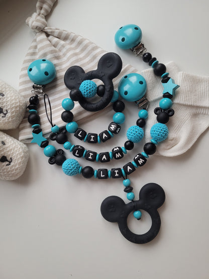 3er Set Schnullerkette Kinderwagenkette & Greifring mit Namen Maus türkis schwarz