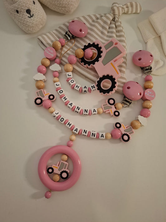 3er-Set Schnullerkette Kinderwagenkette & Greifring mit Namen Traktor rosa holz