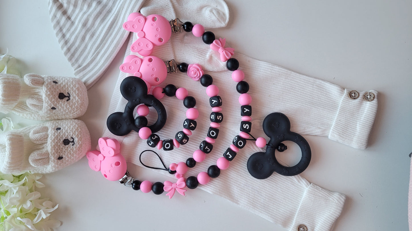 3er Set Kinderwagenkette & Schnullerkette mit Namen + Greifring für Mädchen Maus