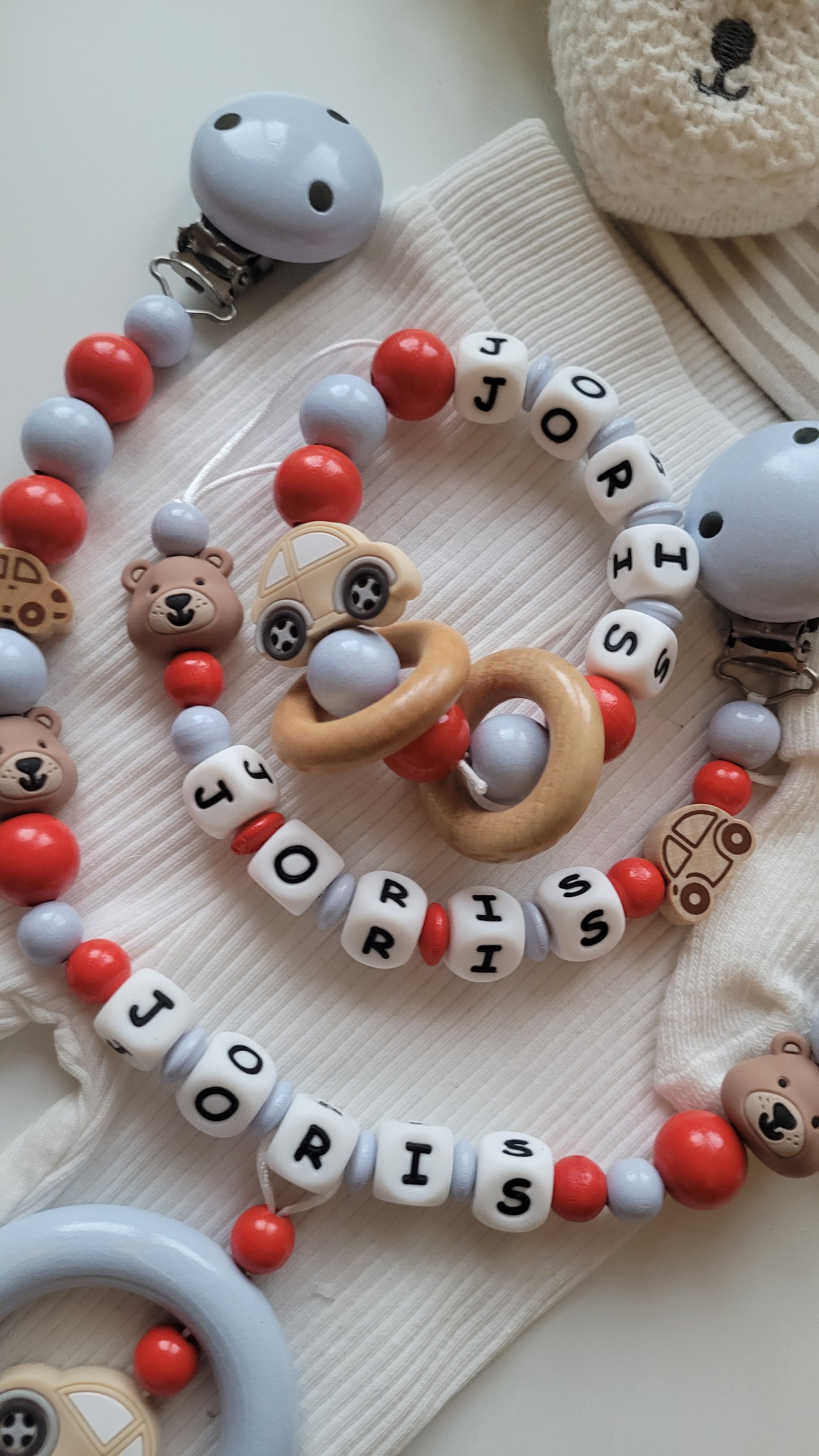 3er Set Schnullerkette Kinderwagenkette & Greifring mit Namen Bärchen Auto