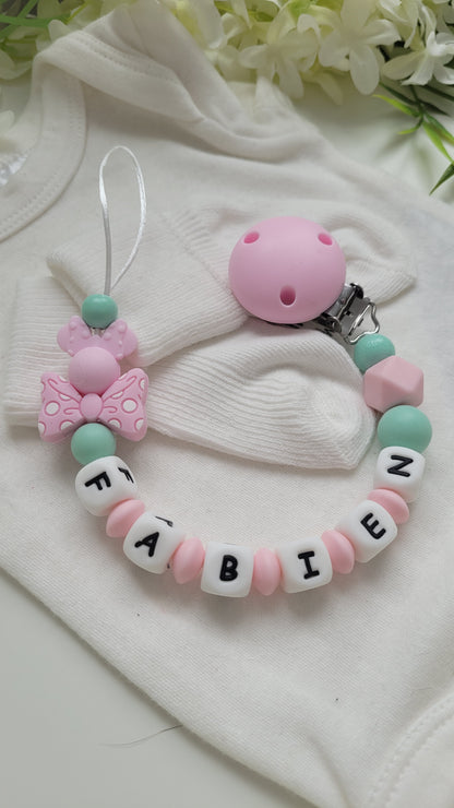 Schnullerkette mit Namen für Mädchen  Minnie mint rosa
