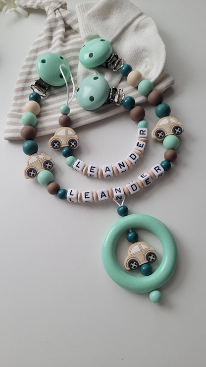 Kinderwagenkette & Schnullerkette Set mit Namen | Auto | Mint · Petrol · Weiß