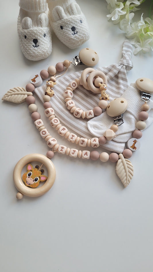 3er Set Schnullerkette Kinderwagenkette & Beissring mit Namen Giraffen & Blätter beige