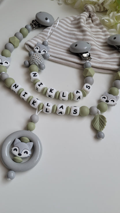 Kinderwagenkette & Schnullerkette mit Namen Fuchs grün
