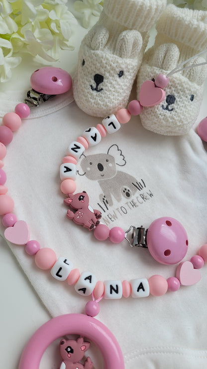 Kinderwagenkette & Schnullerkette mit Namen  Rehkitz peach rosa