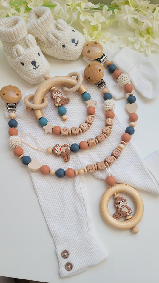 3tlg Set Schnullerkette Kinderwagenkette Greifling personalisiert