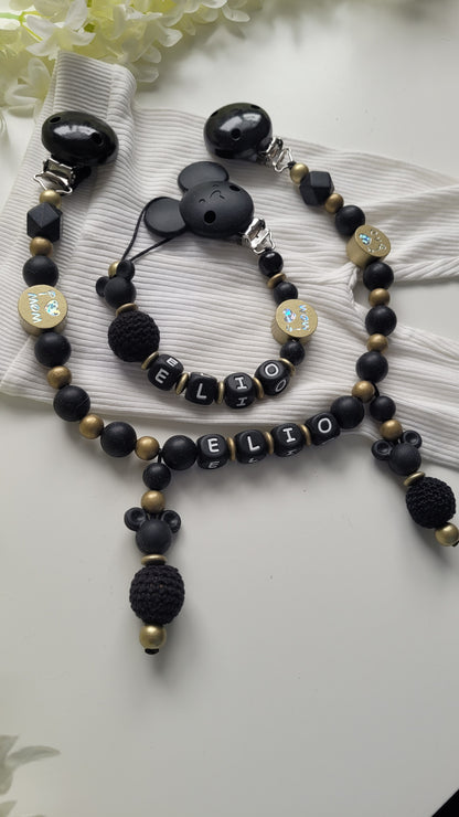 Kinderwagenkette & Schnullerkette mit Namen schwarz gold