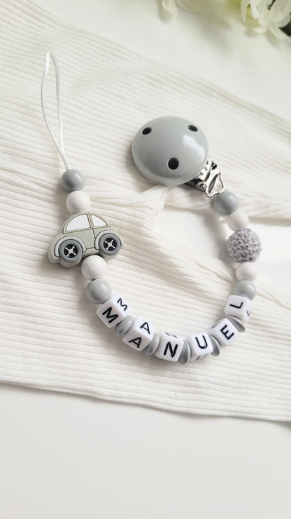 Schnullerkette mit Namen Auto grau