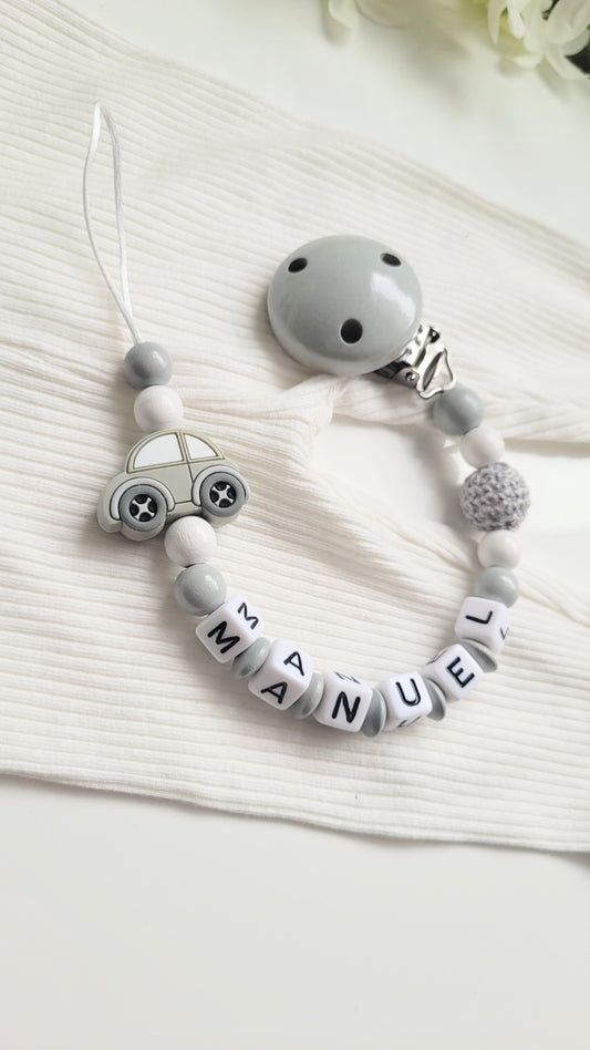 Schnullerkette mit Namen Auto grau