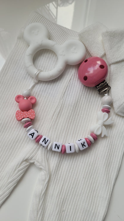 3 in 1 Beissring Schnullerkette mit Namen  Maus babyrosa weiss