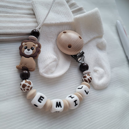 Schnullerkette mit Namen für Jungen Löwe braun beige