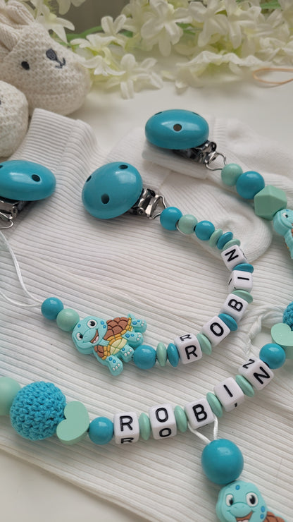 Kinderwagenkette & Schnullerkette mit Namen Schildkröte mint türkis