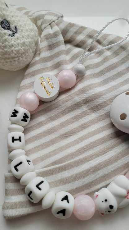 Schnullerkette mit Namen für Mädchen Eisbärchen rosa perlmutt weiss