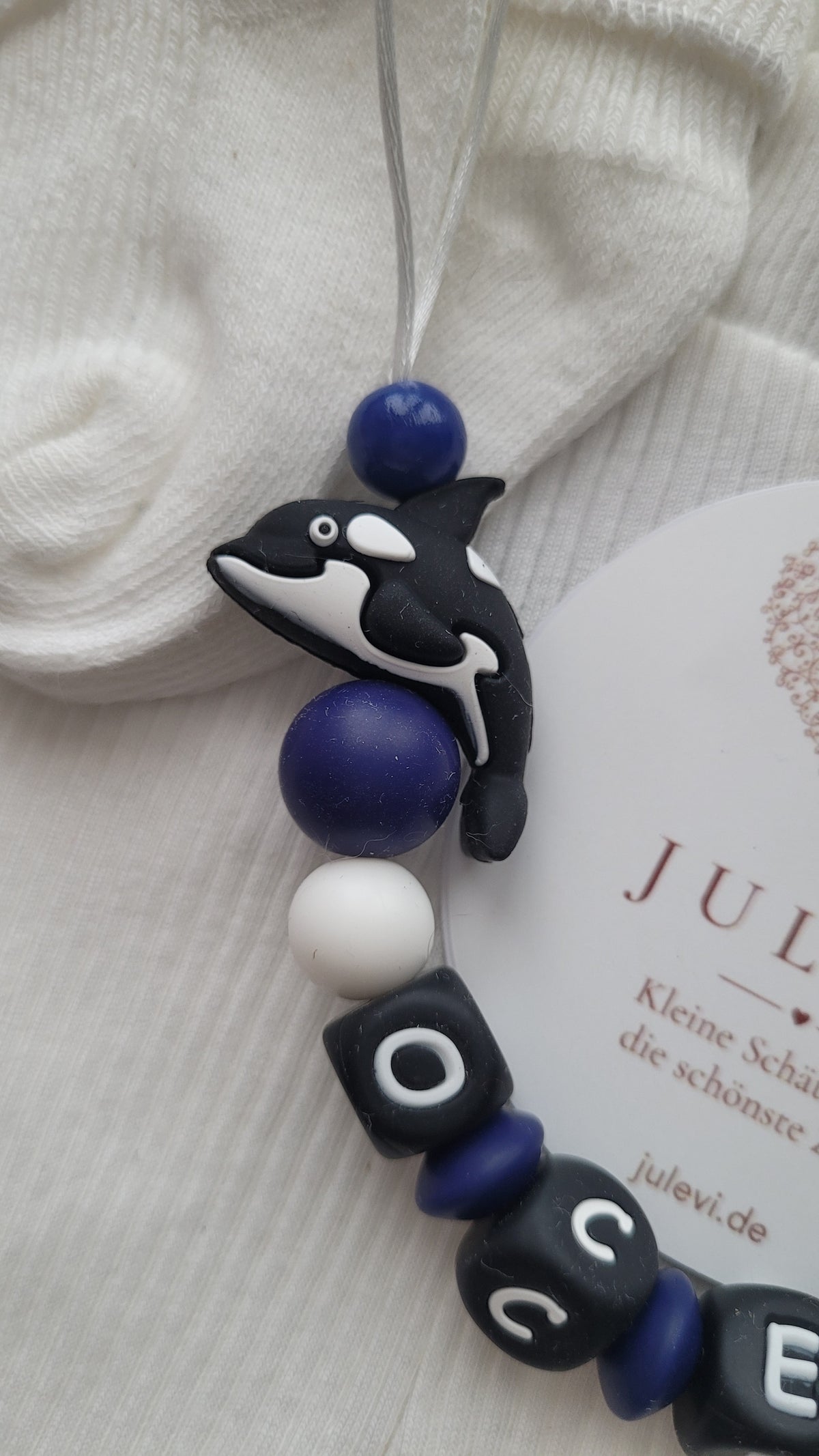 Schnullerkette mit Namen Jungen Wal marineblau personalisiert