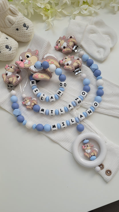 3tlg Set Schnullerkette Kinderwagenkette Greifling Hase blau