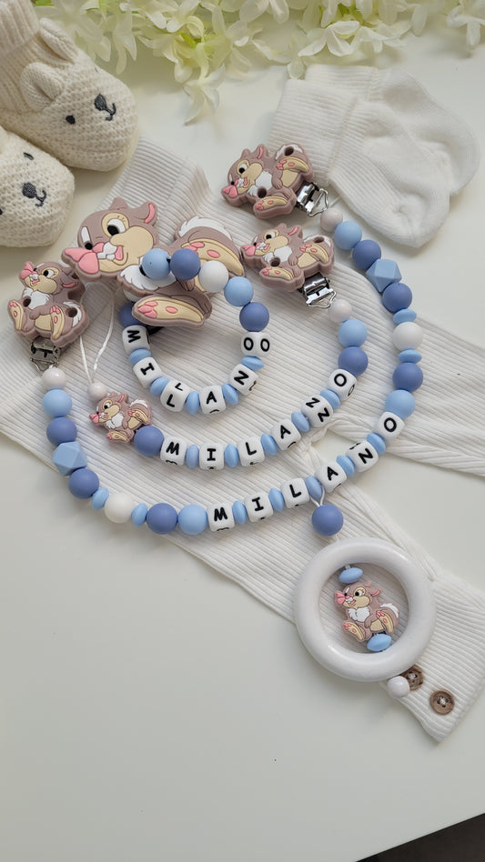 3tlg Set Schnullerkette Kinderwagenkette Greifling Hase blau