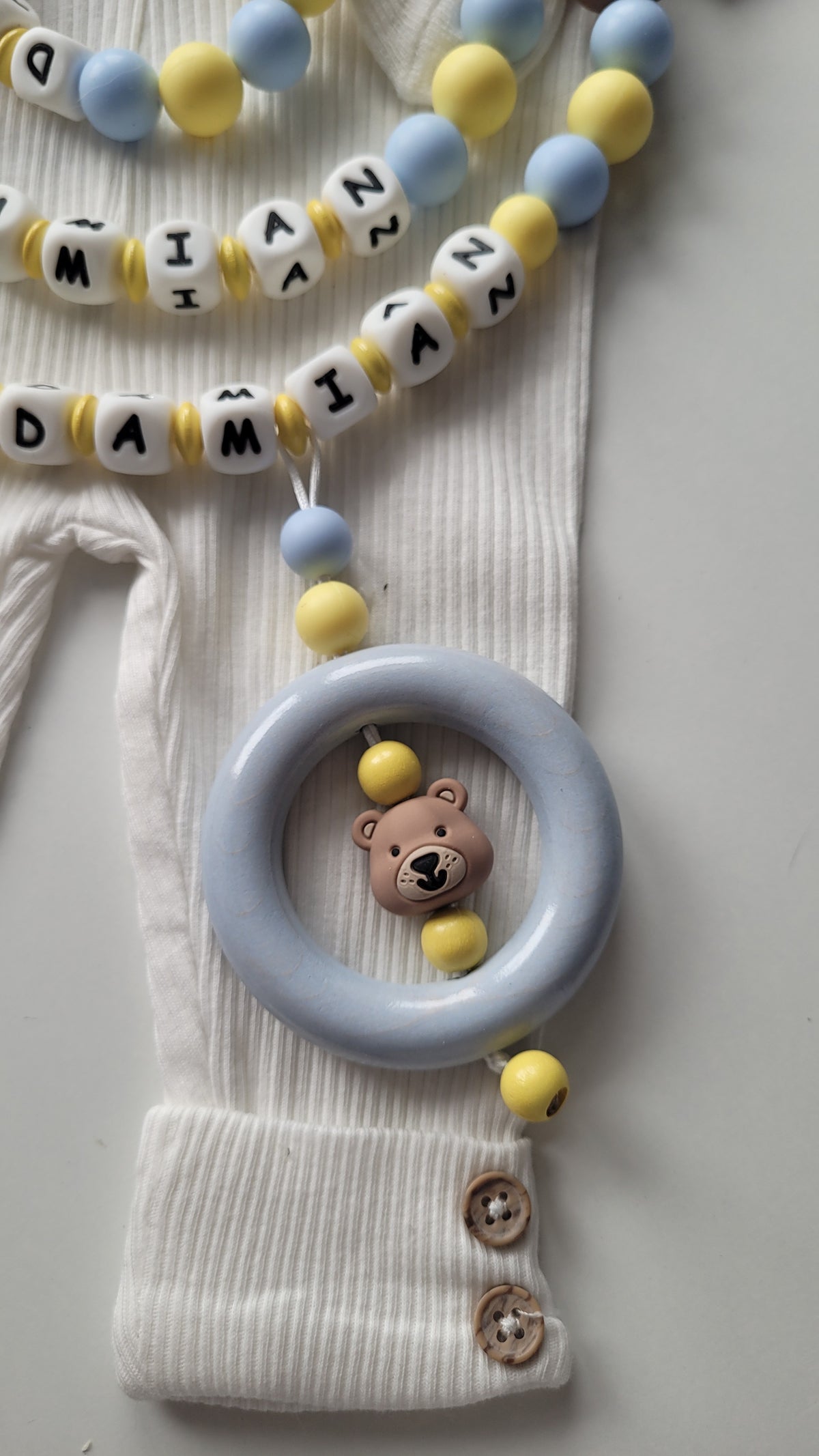 3er Set Schnullerkette Kinderwagenkette & Greifring mit Namen Bärchen gelb blau