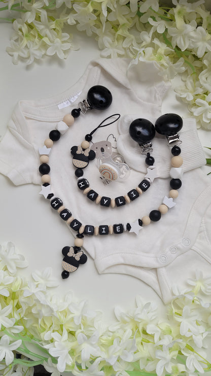 Kinderwagenkette & Schnullerkette *Minnie Prinzessin* beige schwarz