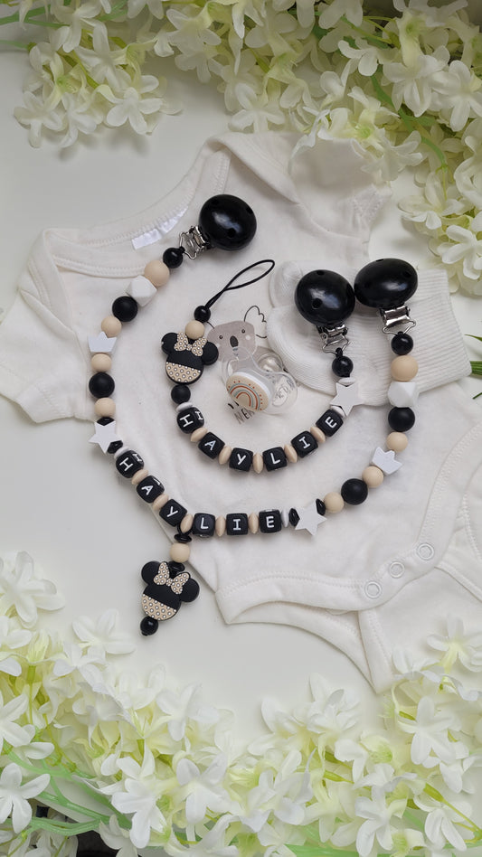 Kinderwagenkette & Schnullerkette *Minnie Prinzessin* beige schwarz