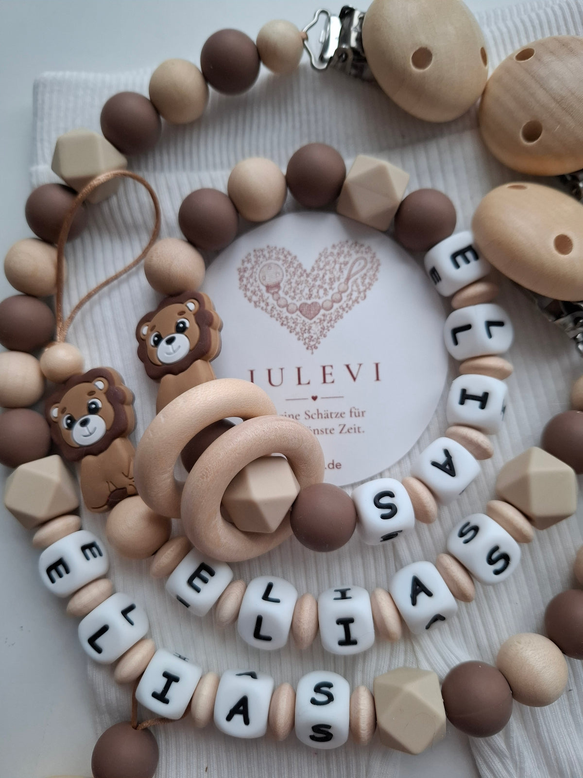 3er Set Schnullerkette Kinderwagenkette & Greifring mit Namen Löwe braun beige Holz