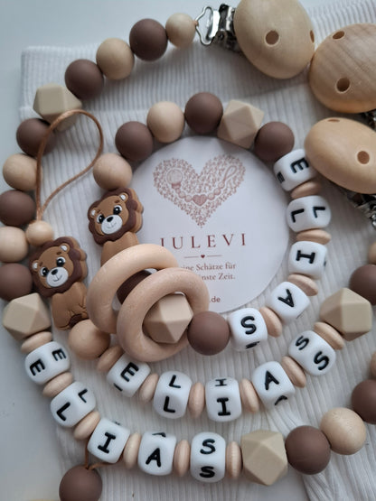 3er Set Schnullerkette Kinderwagenkette & Greifring mit Namen Löwe braun beige Holz