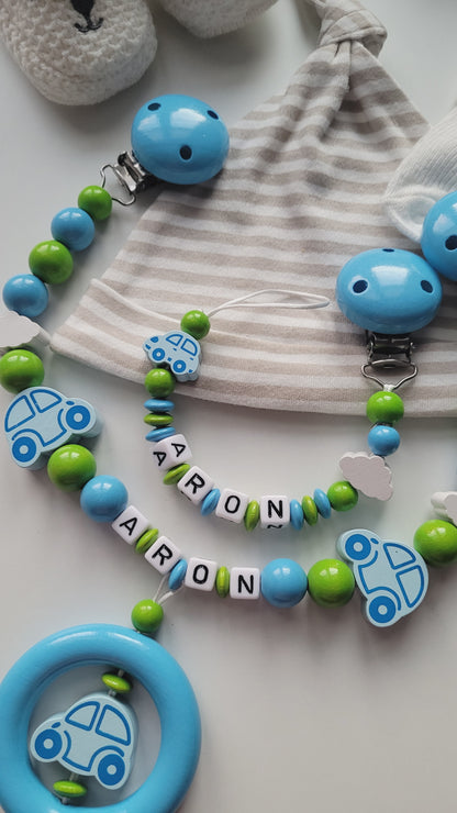 Kinderwagenkette & Schnullerkette mit Namen Auto blau grün