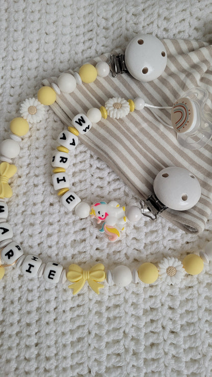 Kinderwagenkette & Schnullerkette *Einhorn*  weiss gelb