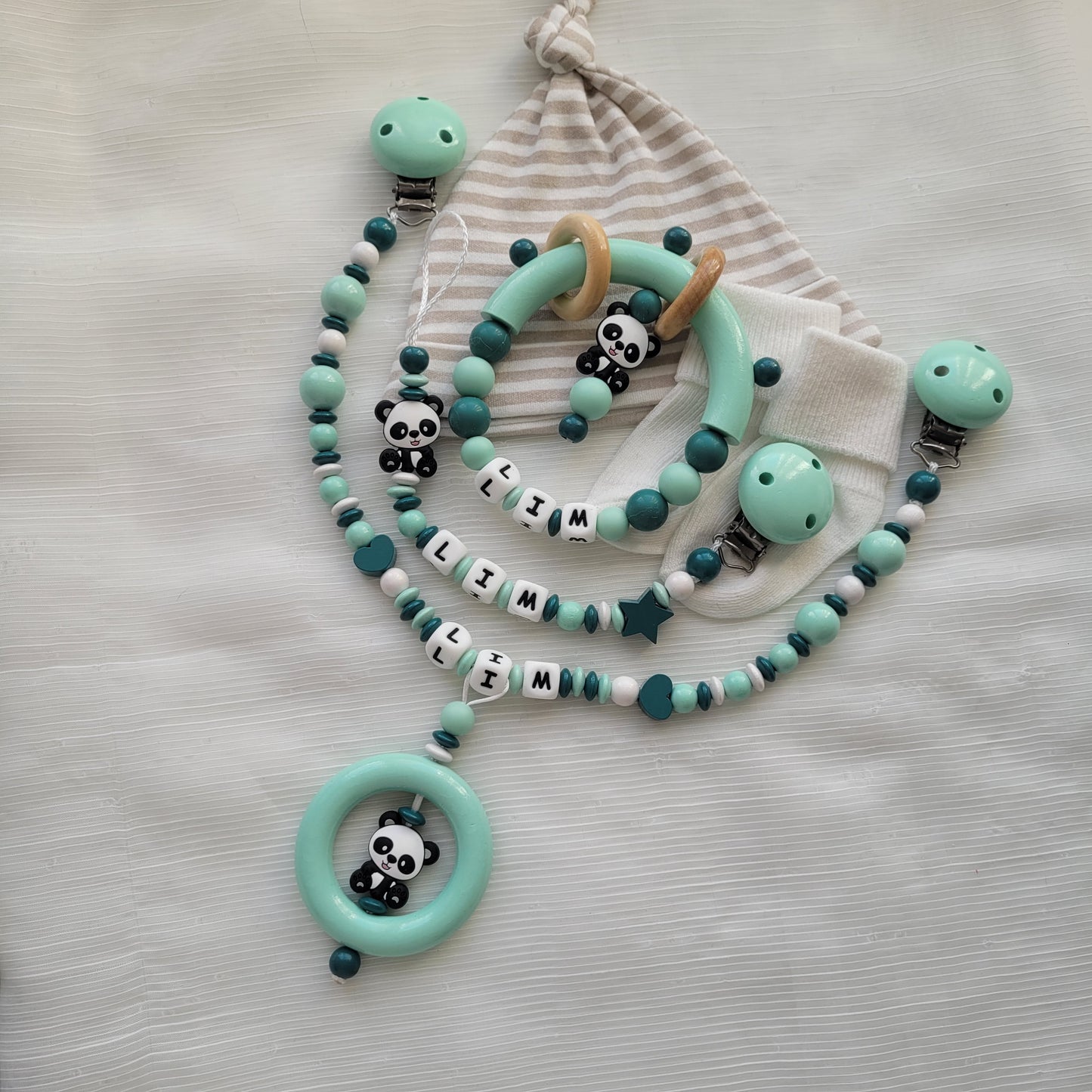 3tlg Schnullerkette Kinderwagenkette Greifring Panda mint petrol